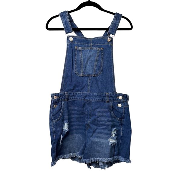 Love Tree Denim - Love Tree Denim Overalls Shorts Shortalls Womens Large Distressed Frayed Hem 90s